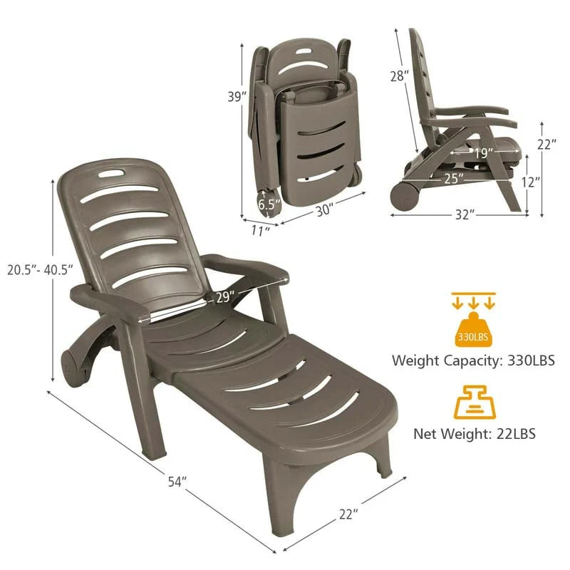 Rolling Folding Plastic Pool Lounge Chair With Armrests, 5 Position - Patio Deck Beach Chair