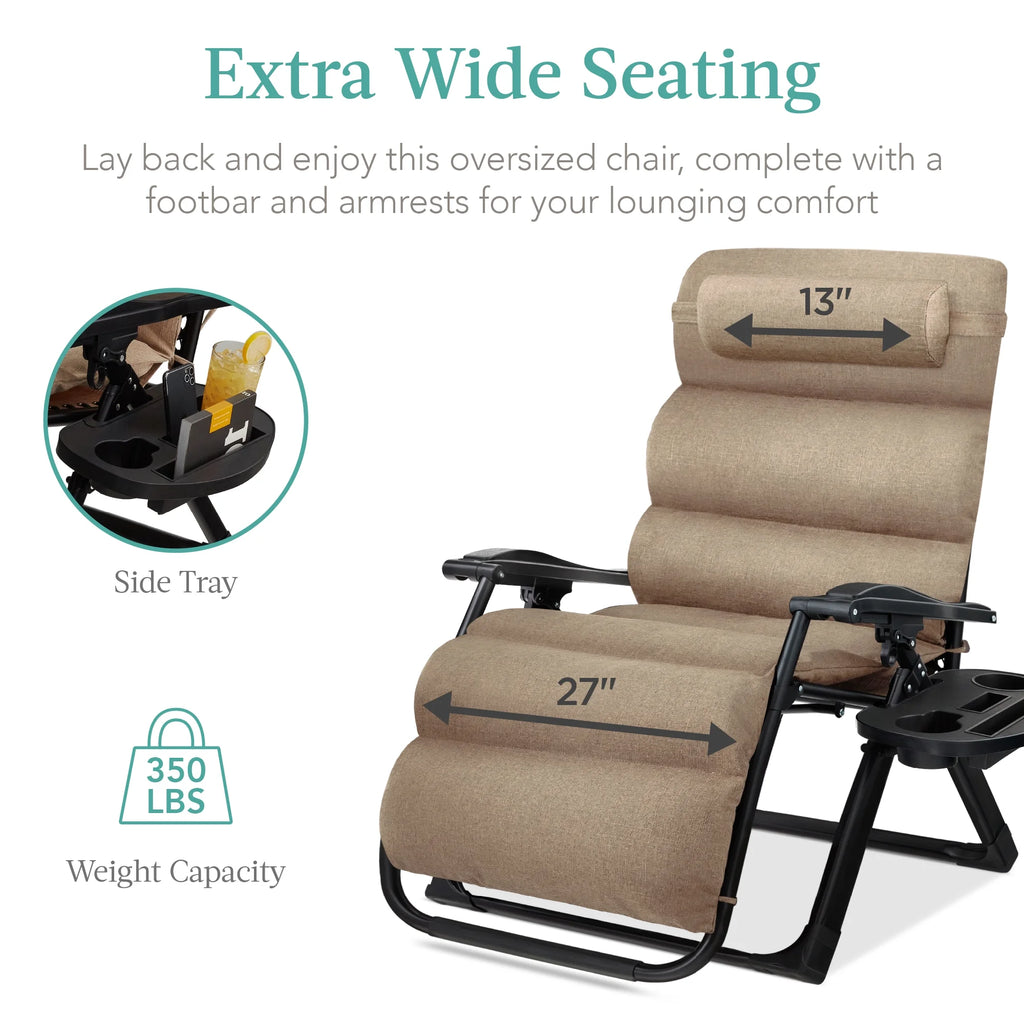Best Choice Products Oversized Zero Gravity Folding Recliner With Removable Cushion And Side Tray - Fossil Gray