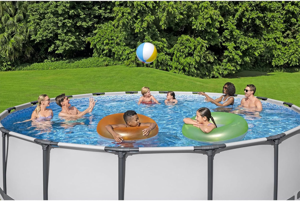 Steel Pro MAX 14 Foot x 48 Inch Round Steel Frame Above Ground Pool Set With 1,000 Filter Pump, Ladder And Cover - Gray