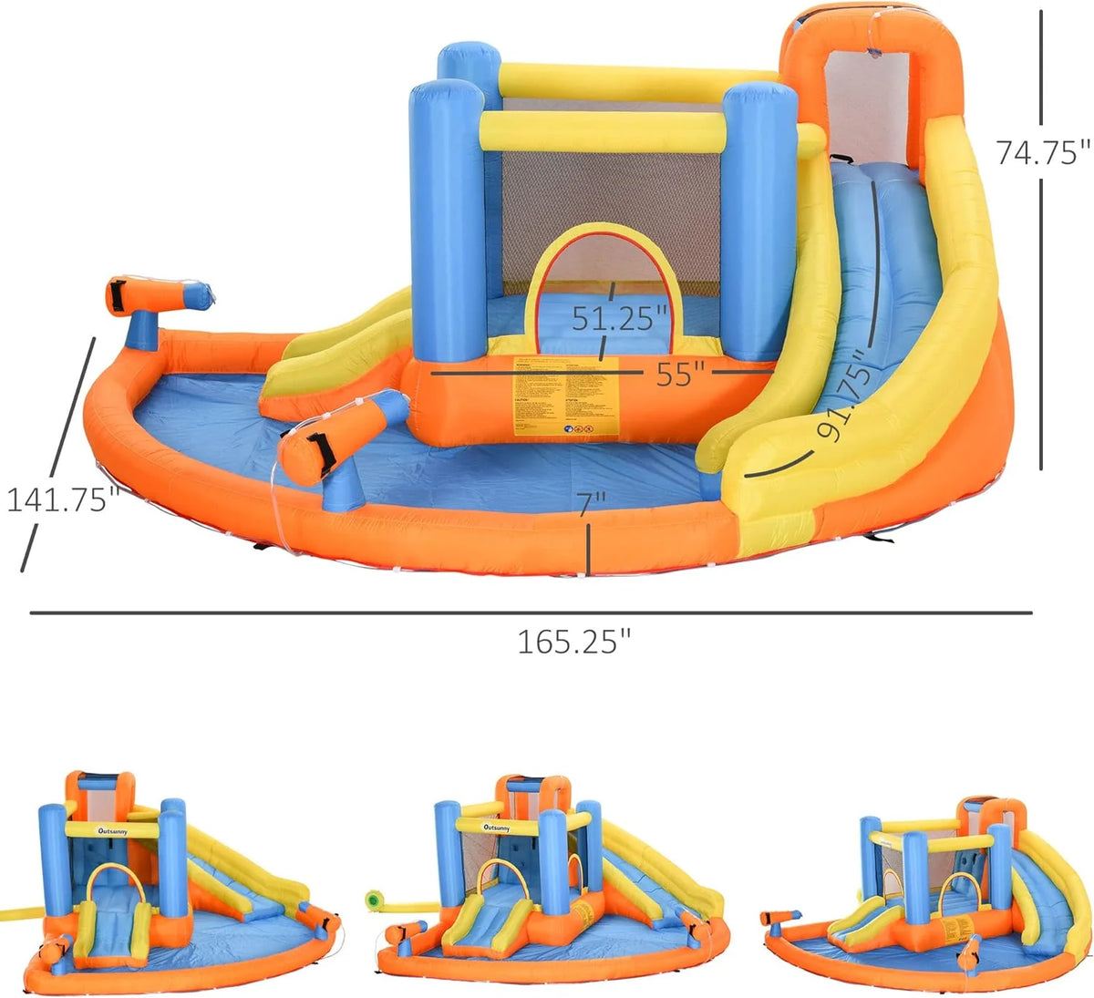Outsunny 5-in-1 Inflatable Water Slide Bounce House, Orange Blue Yellow, 450W Air Blower