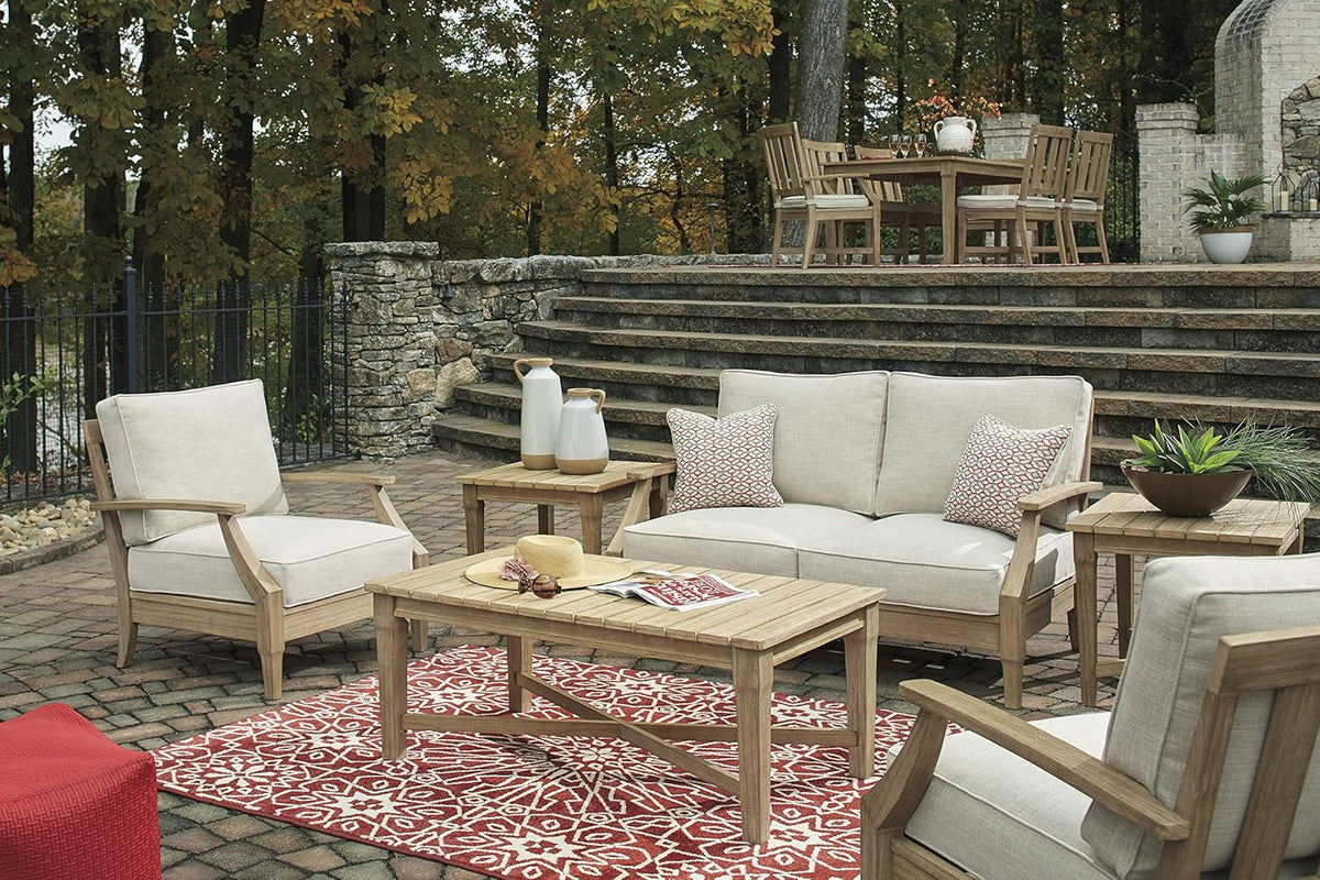 Signature Design by Ashley Clare View Outdoor Patio Eucalyptus Sofa With Cushions, Beige