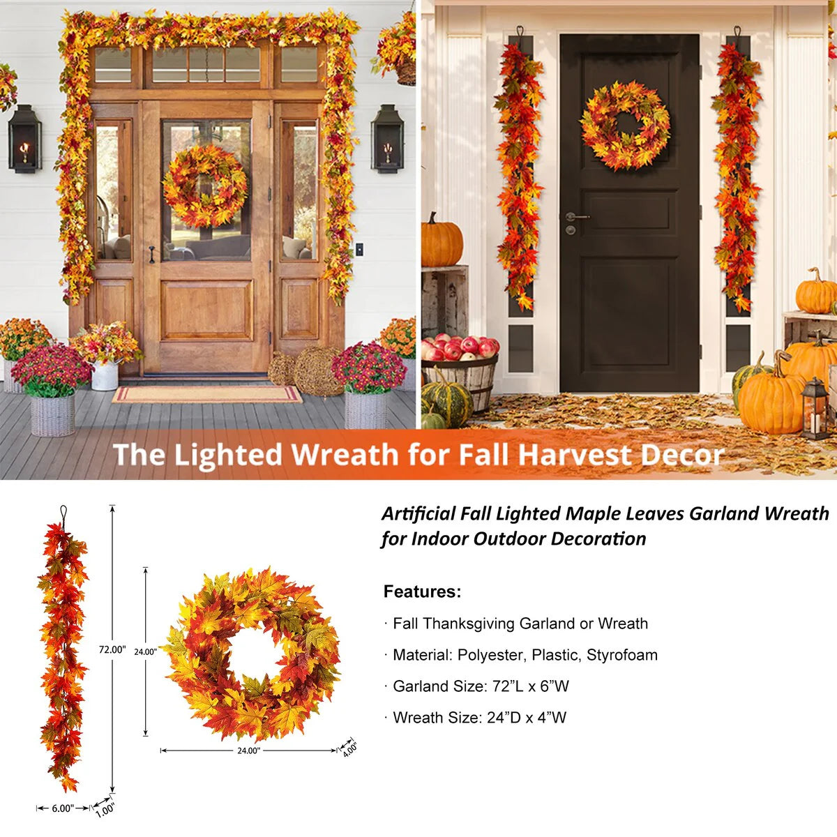 Thanksgiving LED Lighted Fall Maple Leaf Wreath And Garland, 24 in Wreath / 72 in Garland - 20 Clear Lights