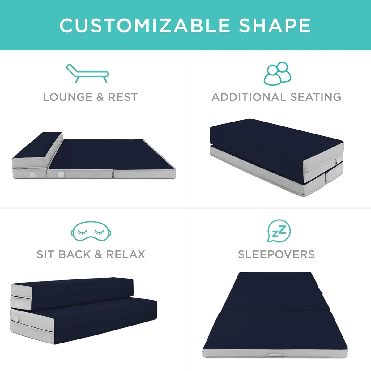 Best Choice Products Queen-Size 4in Tri-Fold Foam Mattress With Carry Case - Grey