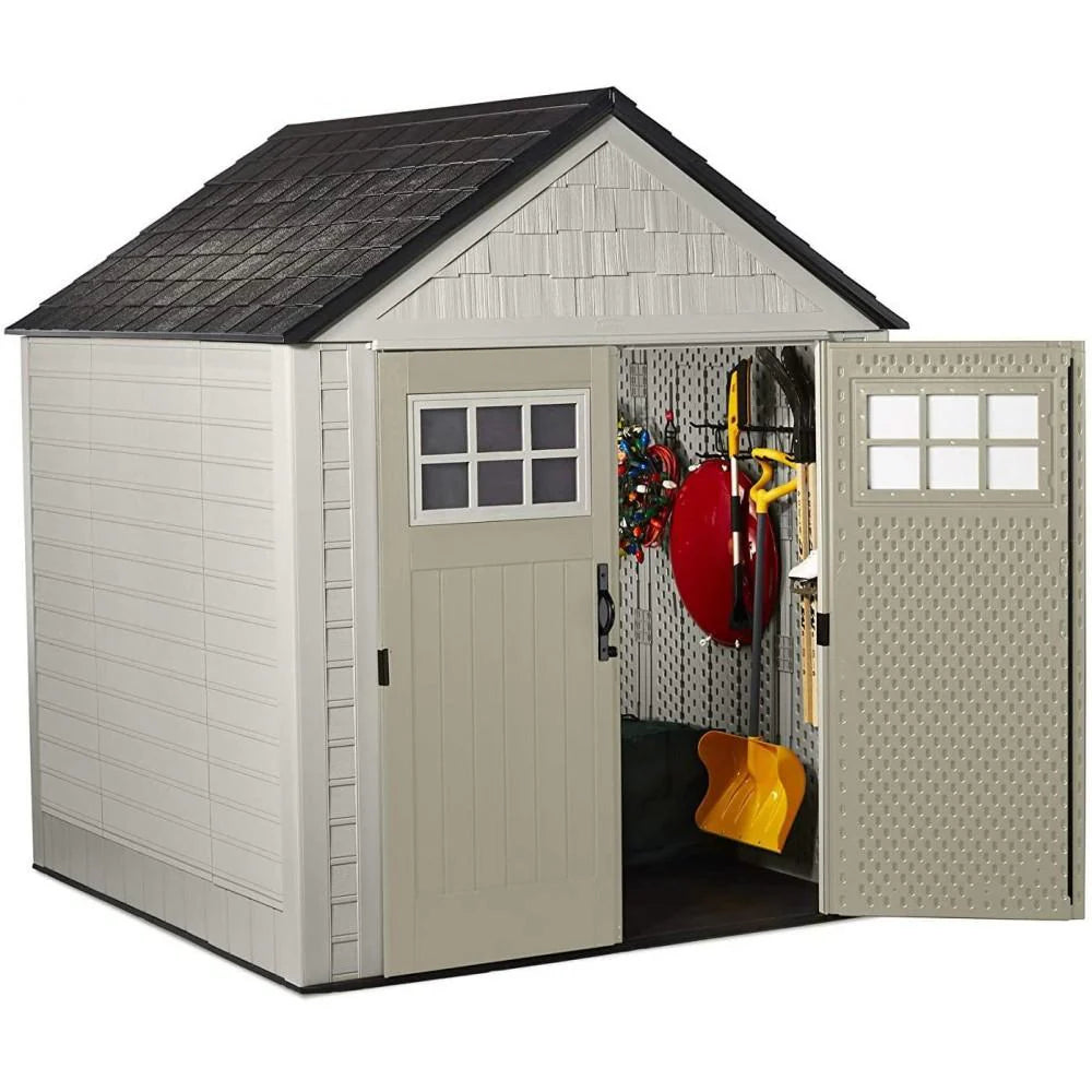 7x7 Ft Resin Outdoor Garden Storage Shed With Windows And Utility Hooks, Sand