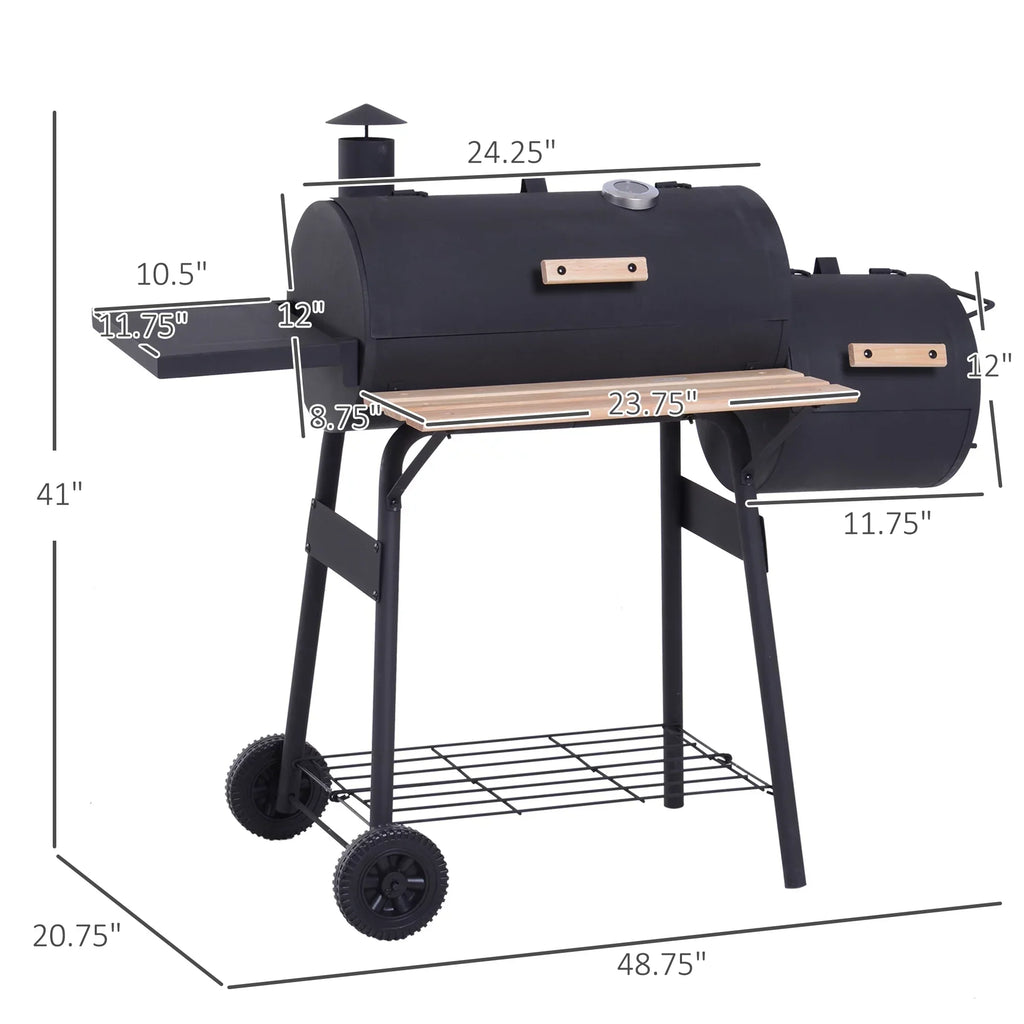Outsunny Portable Charcoal BBQ Grill And Offset Smoker Combo, 48.75in x 20.75in x 41in - Black