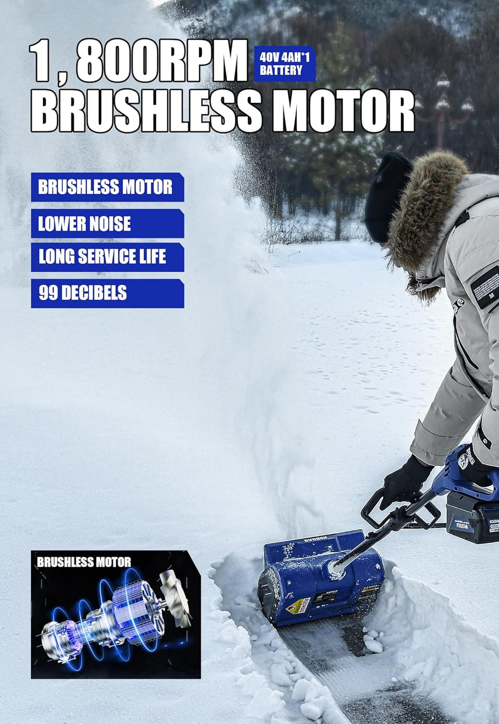 Wild Badger Power 40V Cordless Snow Shovel, 12in Brushless, 20 FT Throw, 8in Depth, 4.0Ah Battery And Fast Charger Included