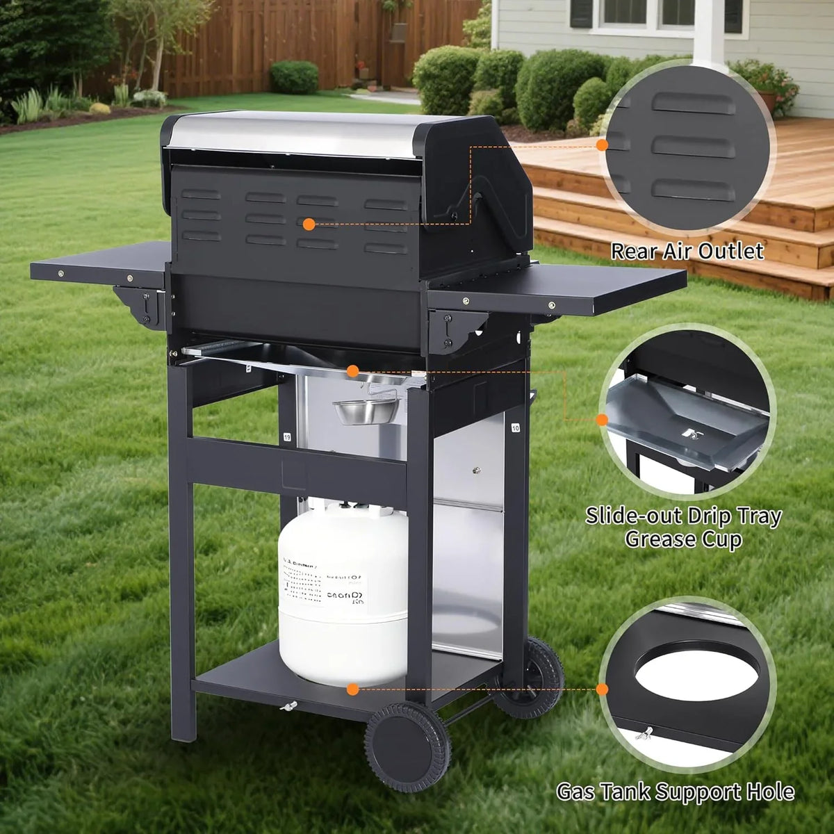 3-Burner Propane Gas Grill With 30,000 BTU Output - Double-Layer Stainless Steel Grill Lid