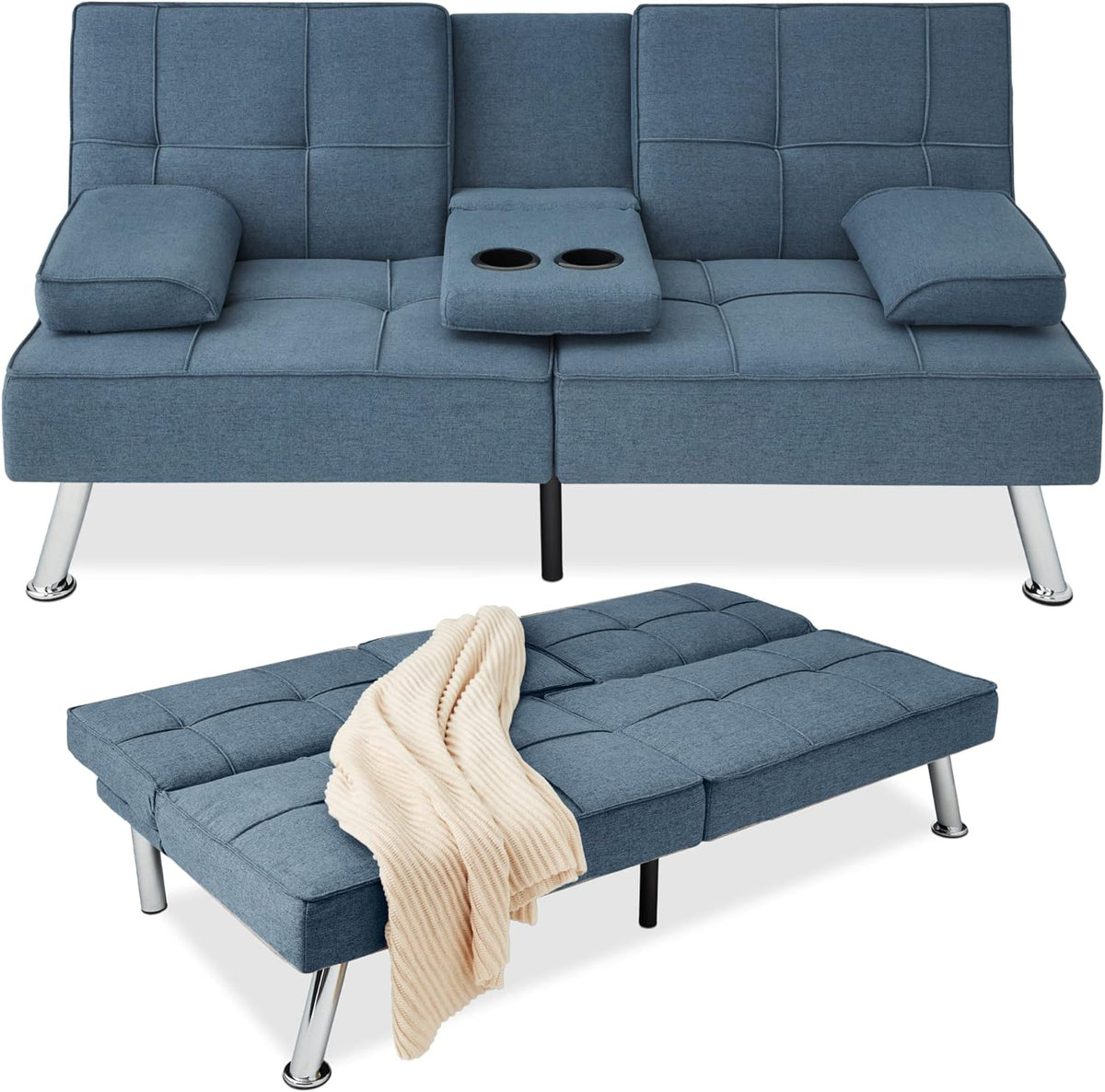 Best Choice Products Linen Upholstered Convertible Folding Futon Sofa Bed, Gray, 65.25in x 32in x 29in, 500 lbs