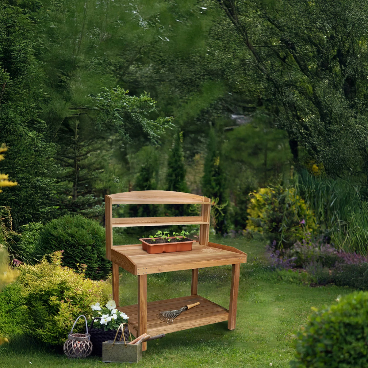 All Things Cedar Deluxe Potting Bench Outdoor Garden Workstation Table - 47-1/2L x 24W x 61H
