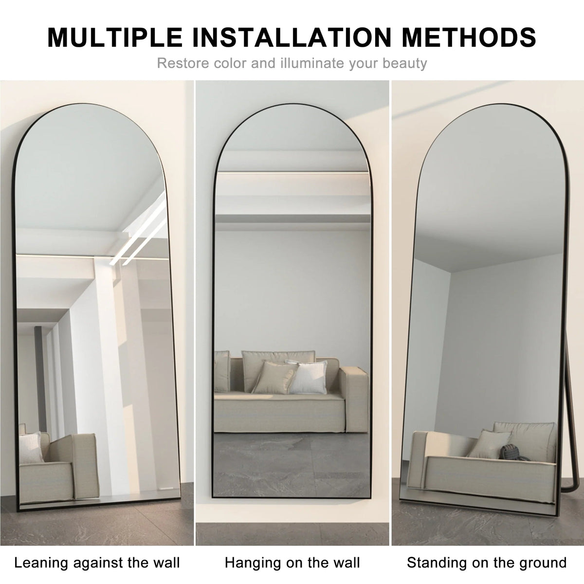 Arched Full-Length Wood Floor Mirror, Black Or Gold, 65x22/71x24/71x28/71x32
