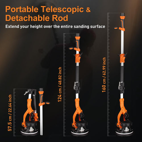 1000W Electric Drywall Sander With 4.9 Ft To 6.2 Ft Extension Pole And 15 Sanding Discs