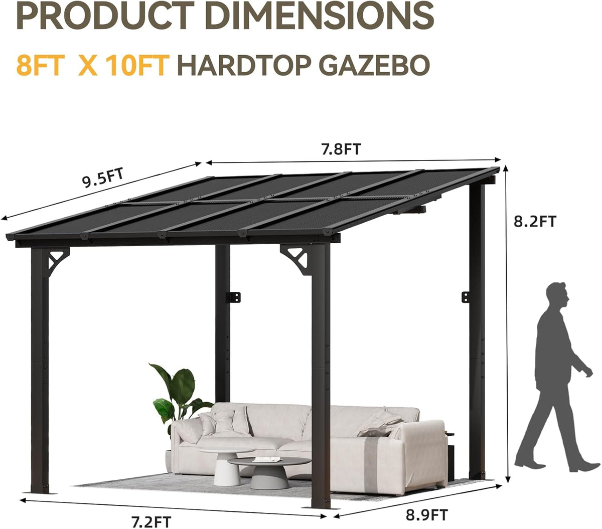 Aoxun Wall-Mounted Gazebo Awning, 8x10, Black