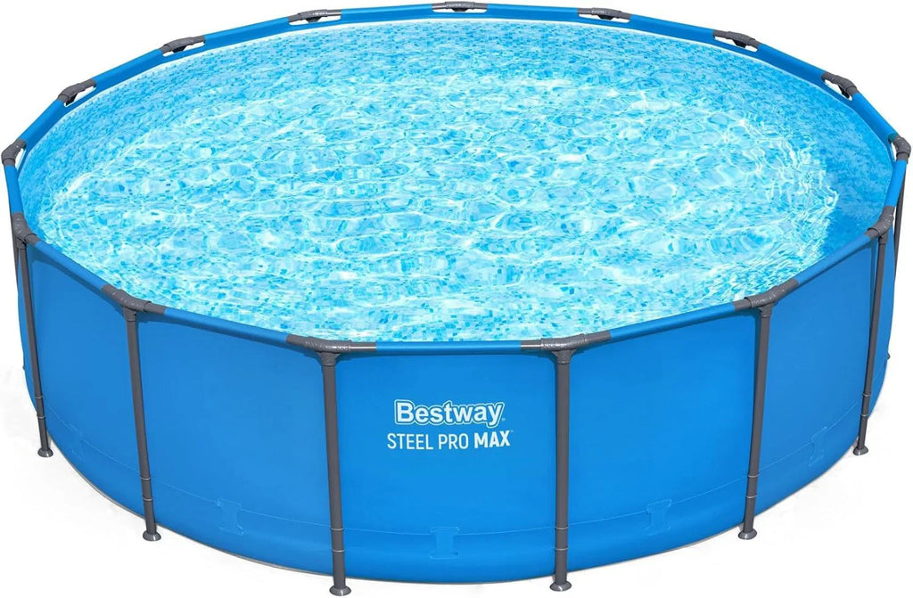 Steel Pro MAX 14 Foot x 48 Inch Round Steel Frame Above Ground Pool Set With 1,000 Filter Pump, Ladder And Cover - Gray