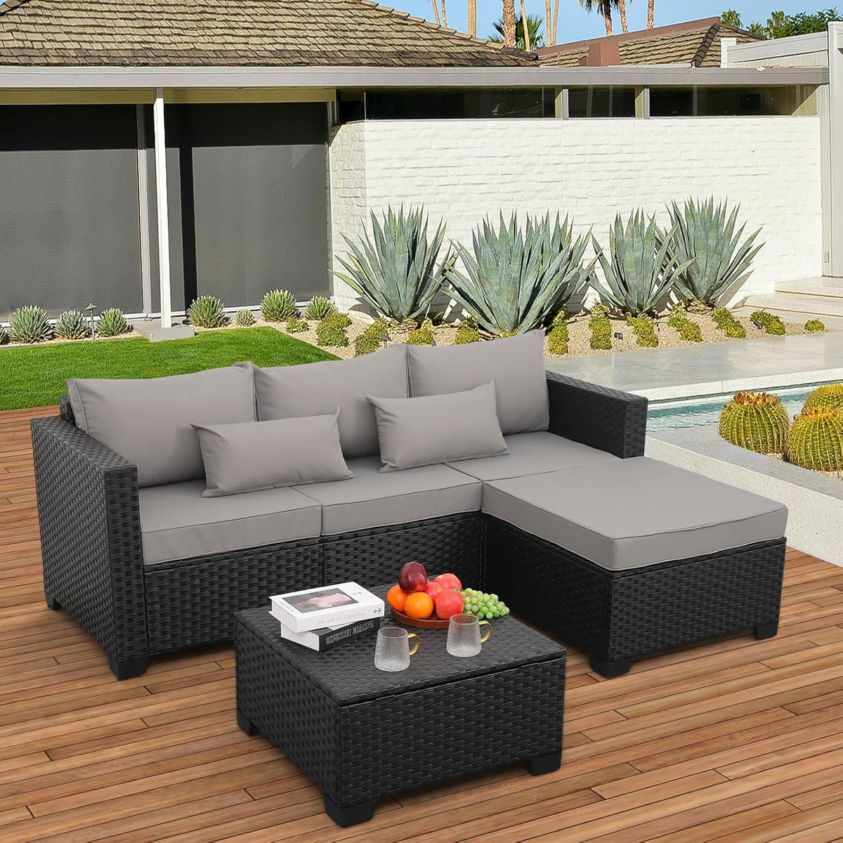 3-Piece Outdoor Sectional Wicker Patio Furniture Set With Ottoman And Storage Table - Light Grey