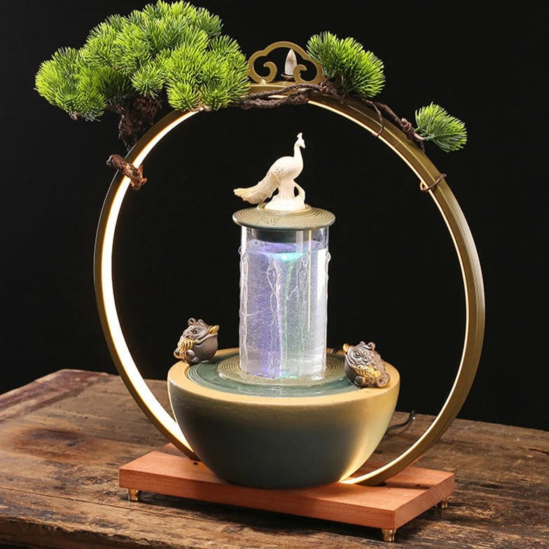 Lucky Pheasant Round LED Incense Burner With Flowing Water Fountain - 20.5in x 19.7in x 5.9in
