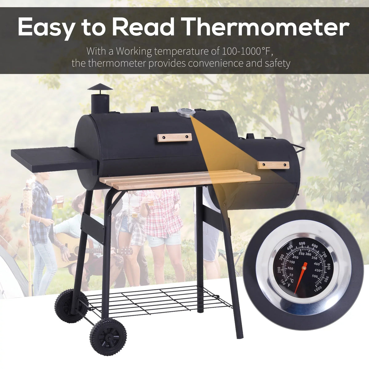 Outsunny Portable Charcoal BBQ Grill And Offset Smoker Combo, 48.75in x 20.75in x 41in - Black