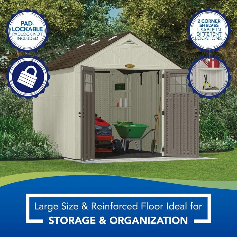 Outdoor Plastic Storage Shed 8 ft W x 10 ft D - Gray/Ivory