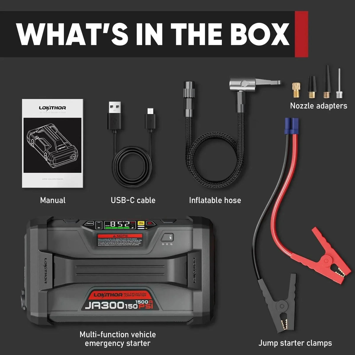 Portable Car Battery Jump Starter With Air Compressor, 1500Amp 12V, 150 PSI - JA300