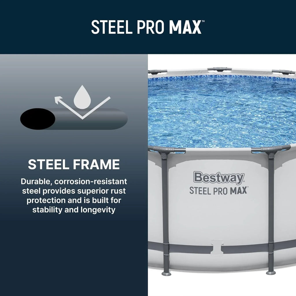 Steel Pro MAX 14 Foot x 48 Inch Round Steel Frame Above Ground Pool Set With 1,000 Filter Pump, Ladder And Cover - Gray