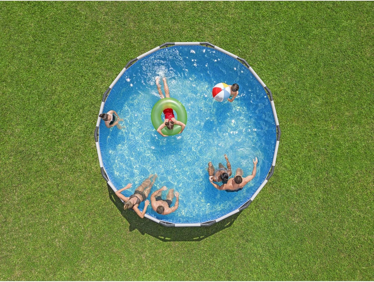 Steel Pro MAX 14 Foot x 48 Inch Round Steel Frame Above Ground Pool Set With 1,000 Filter Pump, Ladder And Cover - Gray