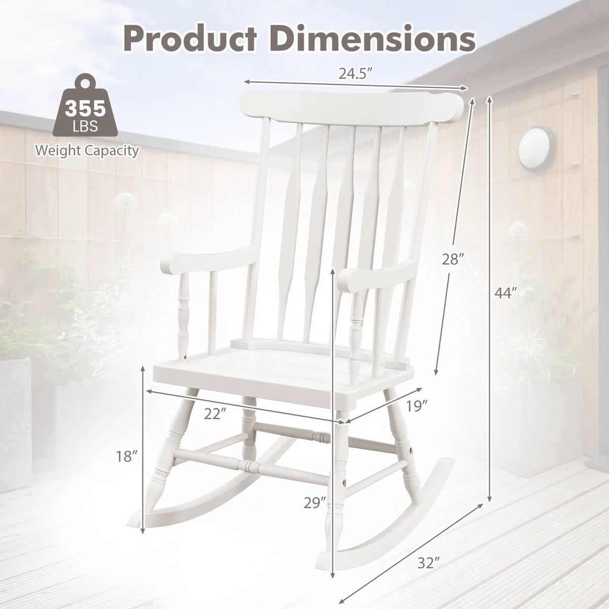 Costway Rubber Wood Rocking Chair, White, 22 x 32 x 44 in, 300 lbs
