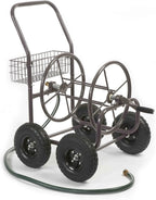 Residential Grade Four Wheel Steel Frame Water Hose Reel Cart With Basket, Brown Bronze - 250 Foot Capacity