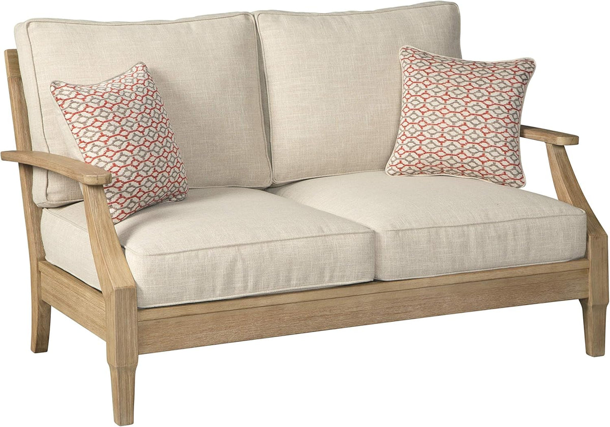 Signature Design by Ashley Clare View Outdoor Patio Eucalyptus Sofa With Cushions, Beige