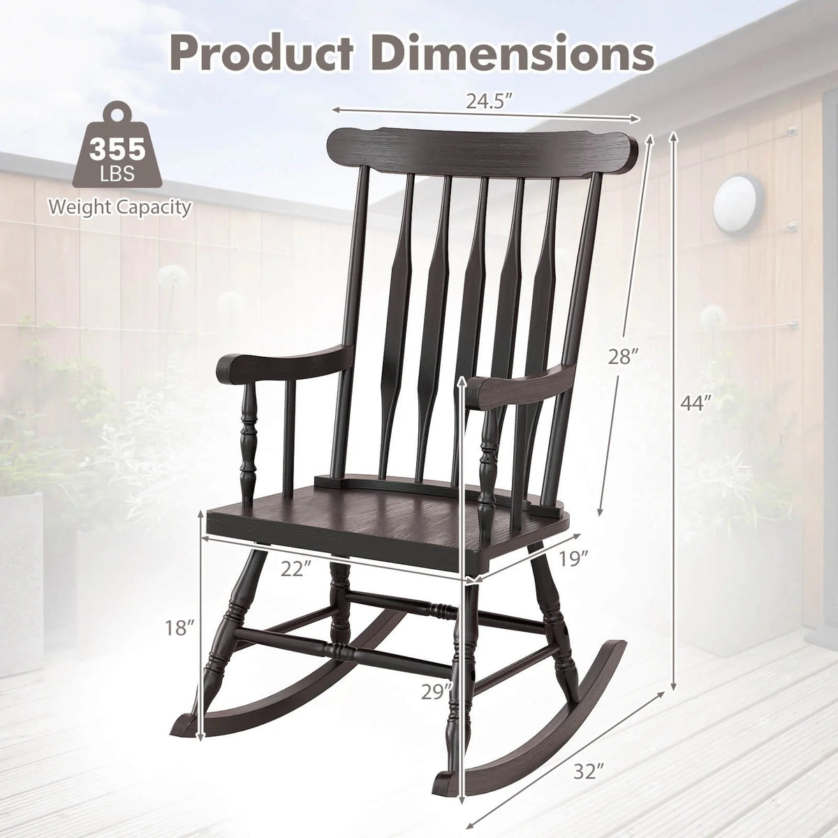Costway Rubber Wood Rocking Chair, White, 22 x 32 x 44 in, 300 lbs