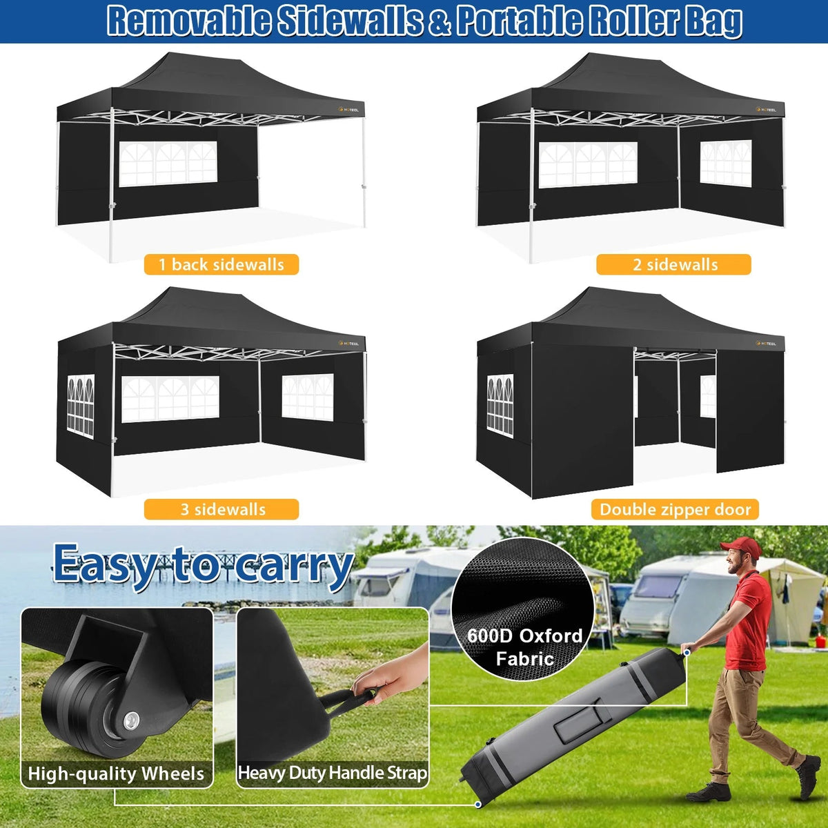 HOTEEL Heavy Duty Pop-Up Canopy Tent 10x15, 4 Sidewalls, Black