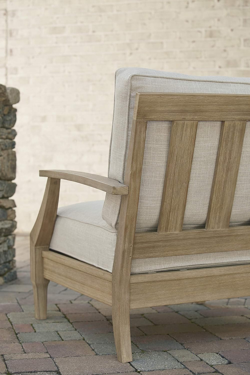 Signature Design by Ashley Clare View Outdoor Patio Eucalyptus Sofa With Cushions, Beige