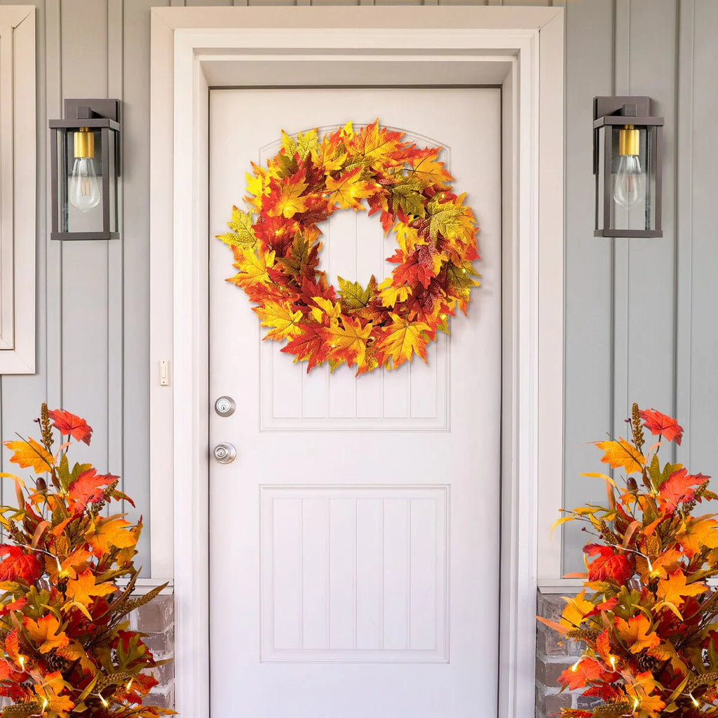 Thanksgiving LED Lighted Fall Maple Leaf Wreath And Garland, 24 in Wreath / 72 in Garland - 20 Clear Lights
