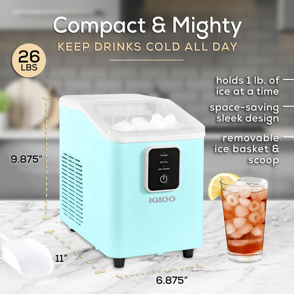 Igloo Self-Cleaning Countertop Ice Maker, 26 lbs. Per Day, 8 Pieces Every 7-8 Minutes, Aqua