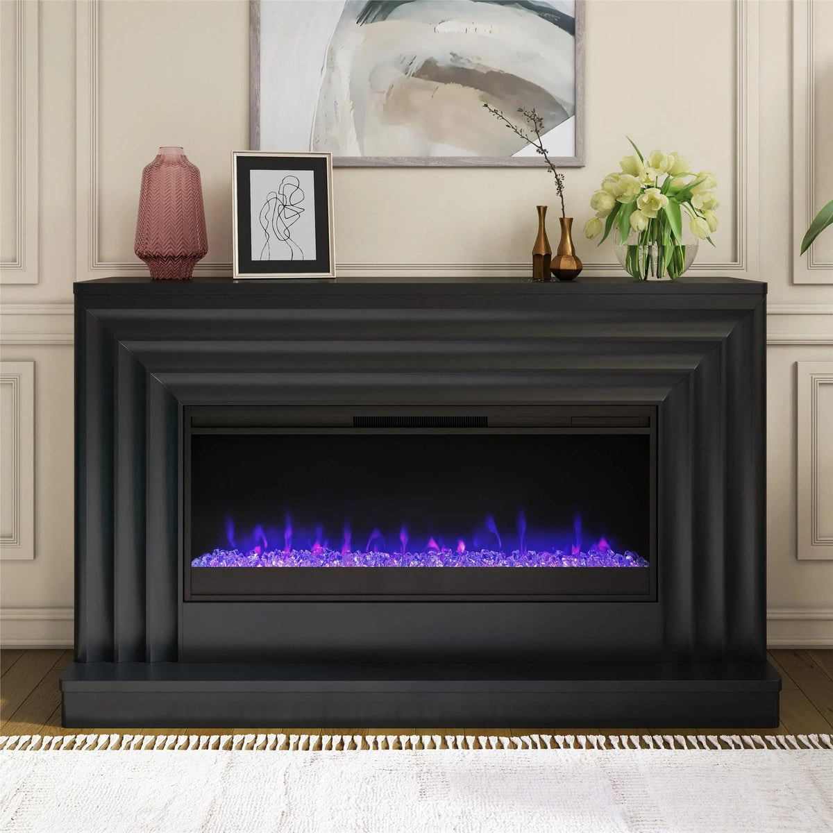 CosmoLiving by Cosmopolitan Electric Fireplace Mantel TV Stand, Black, 65 in, 42 in Insert - Rene