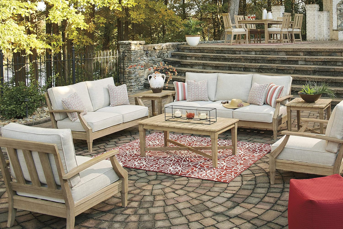 Signature Design by Ashley Clare View Outdoor Patio Eucalyptus Sofa With Cushions, Beige