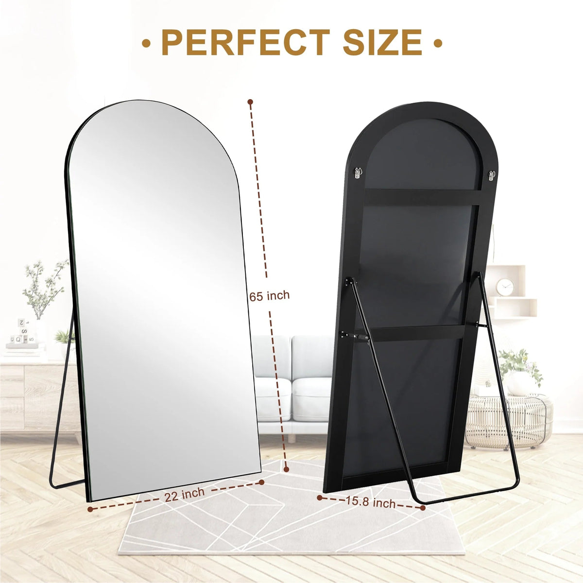 Arched Full-Length Wood Floor Mirror, Black Or Gold, 65x22/71x24/71x28/71x32