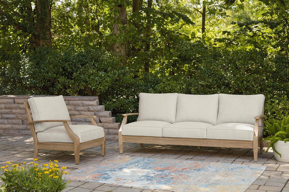 Signature Design by Ashley Clare View Outdoor Patio Eucalyptus Sofa With Cushions, Beige