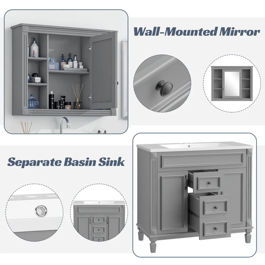 36'' Bathroom Vanity Set With Ceramic Sink Top, Mirror Cabinet, 2 Doors And 2 Drawers - Gray