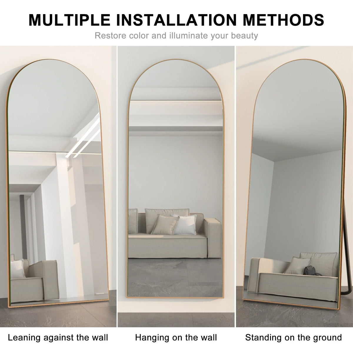 Arched Full-Length Wood Floor Mirror, Black Or Gold, 65x22/71x24/71x28/71x32