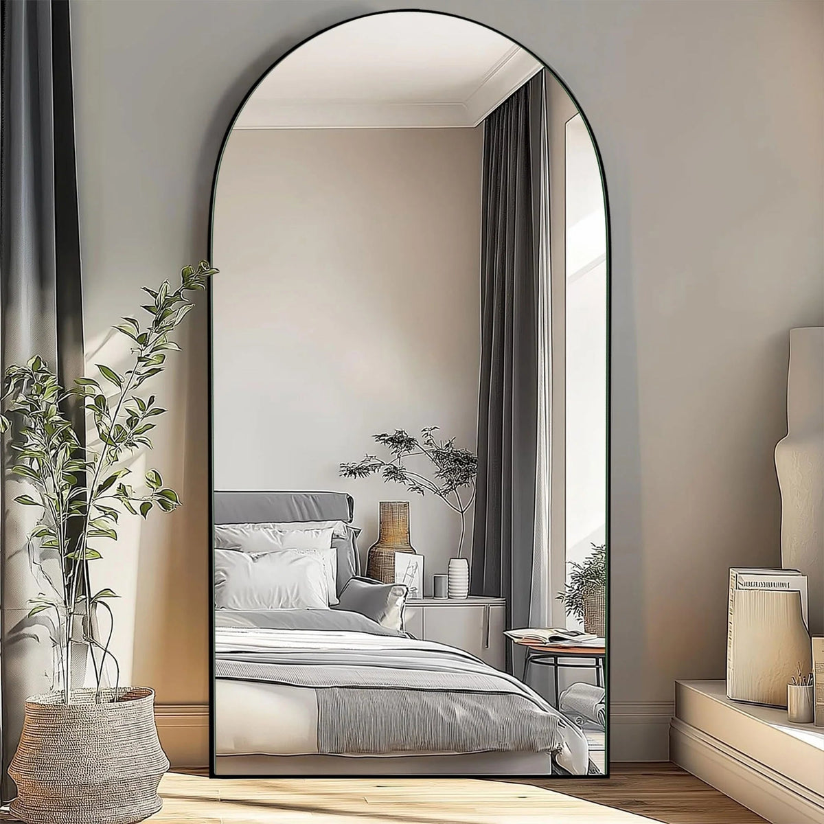 Arched Full-Length Wood Floor Mirror, Black Or Gold, 65x22/71x24/71x28/71x32