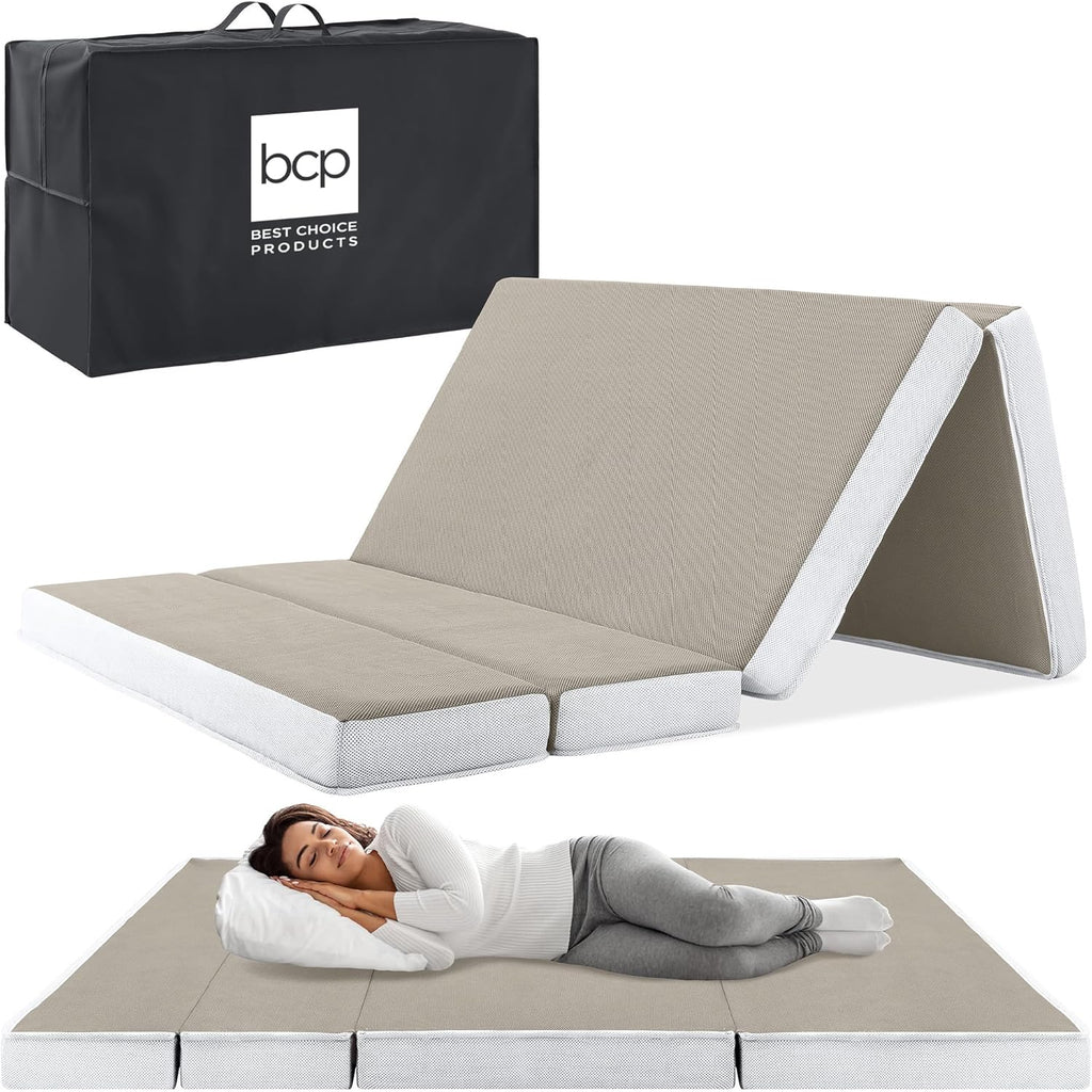 Best Choice Products Queen-Size 4in Tri-Fold Foam Mattress With Carry Case - Grey