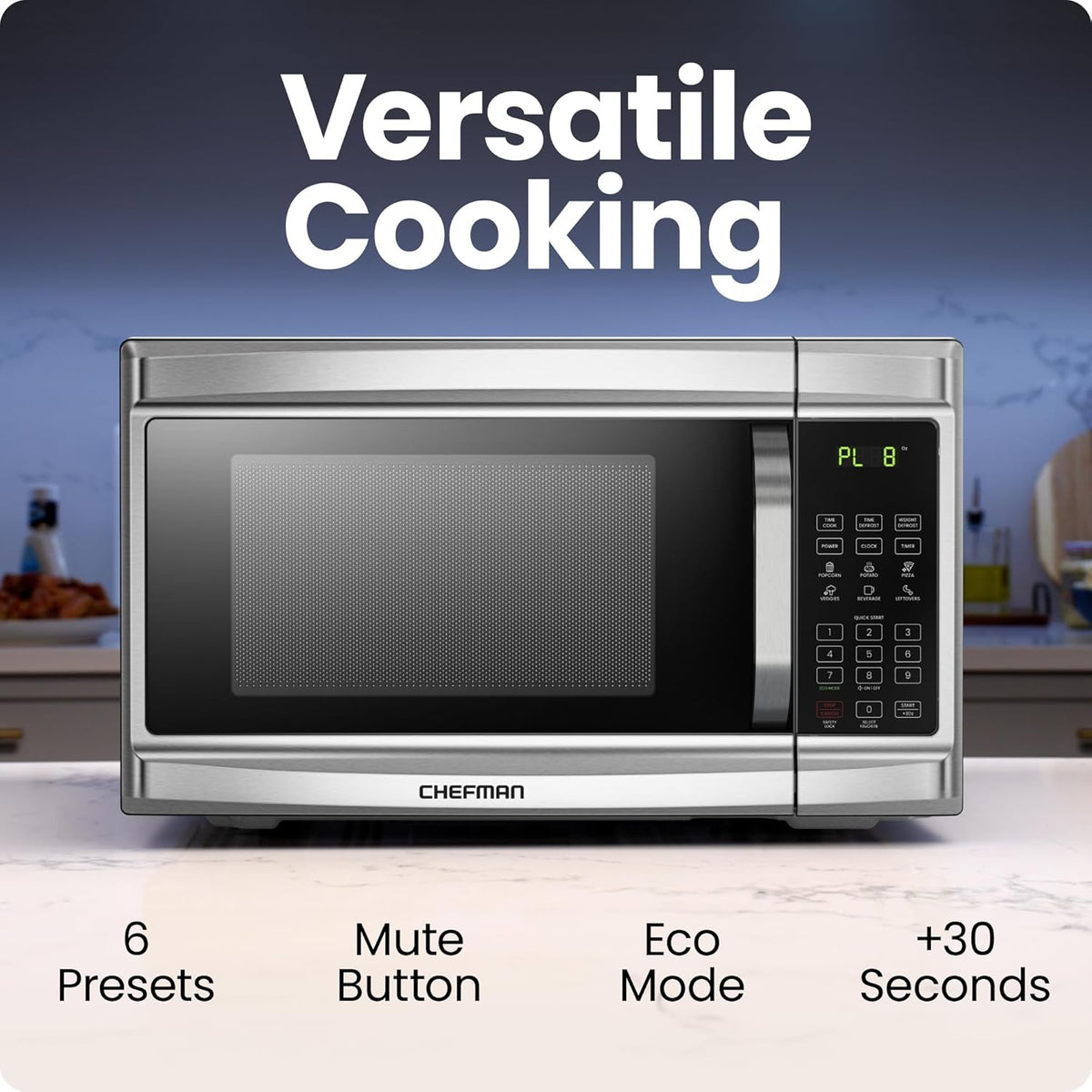 Chefman Countertop Microwave Oven, 1.3 Cu. Ft., Stainless Steel, 1000 Watts - RJ55-SS-13