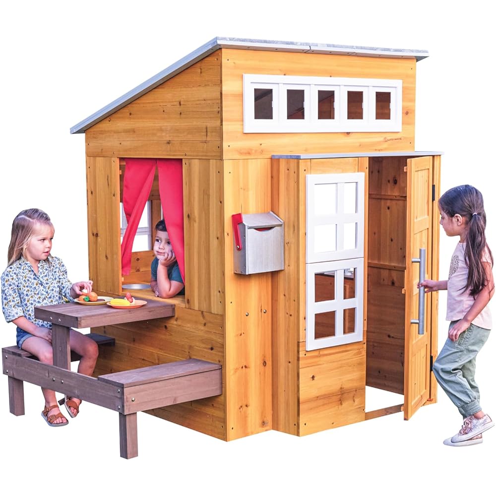 KidKraft Modern Outdoor Wooden Playhouse With Picnic Table, Mailbox And Outdoor Grill - Ages 3+
