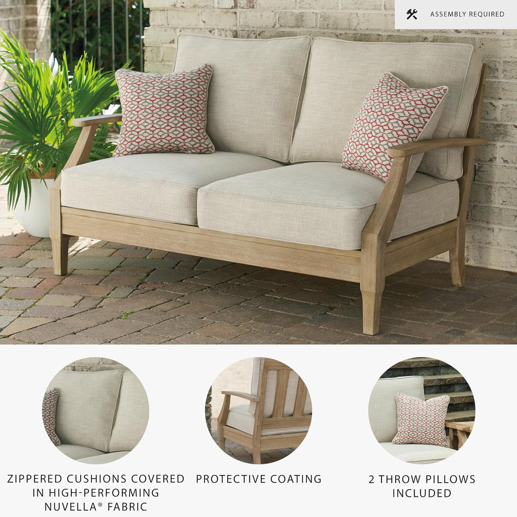 Signature Design by Ashley Clare View Outdoor Patio Eucalyptus Sofa With Cushions, Beige