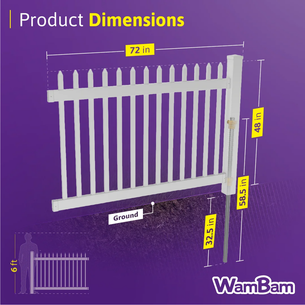 WamBam White Vinyl Picket Fence Panel Kit, 4ft H x 6ft W, 1 Panel + 1 Post - BL19101
