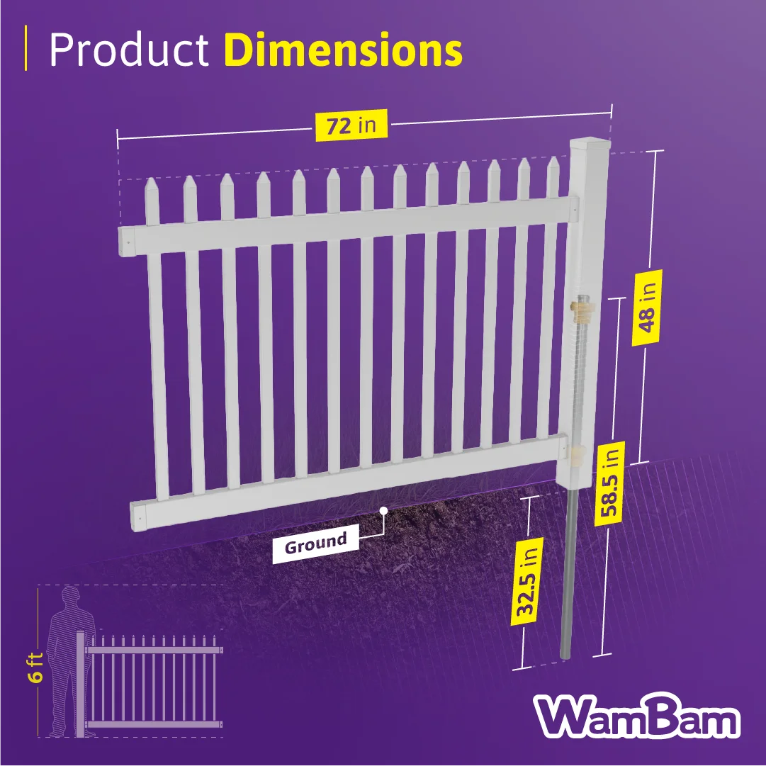 WamBam White Vinyl Picket Fence Panel Kit, 4ft H x 6ft W, 1 Panel + 1 Post - BL19101