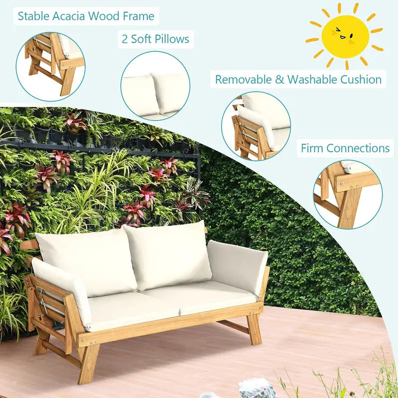 Acacia Wood Outdoor Convertible Daybed With Adjustable Armrests
