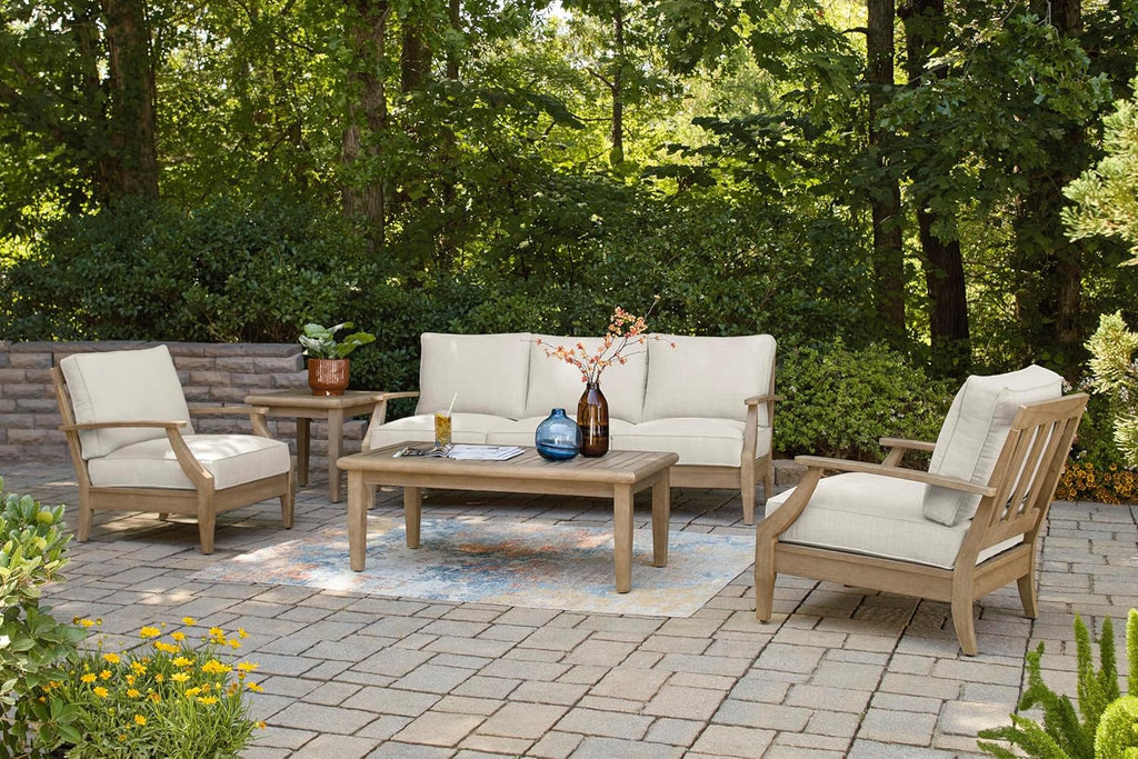 Signature Design by Ashley Clare View Outdoor Patio Eucalyptus Sofa With Cushions, Beige
