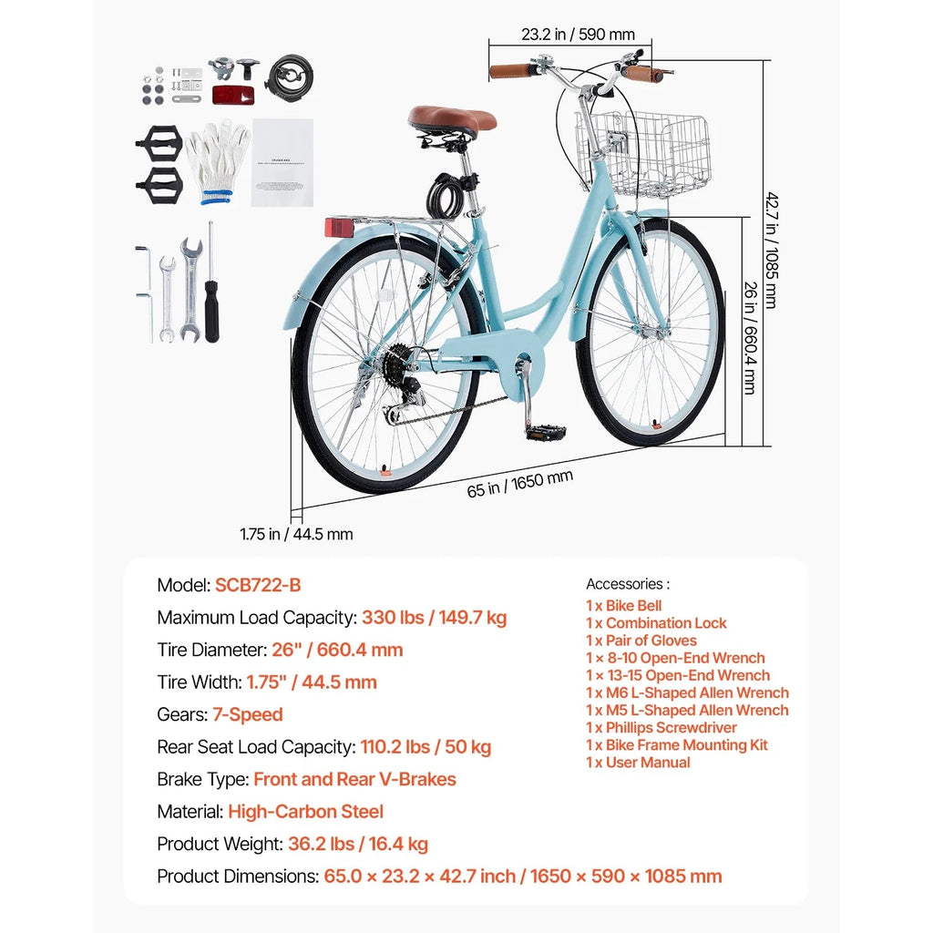 KFFKFF 26 in 7-Speed Cruiser Bike, Pale Blue With Front Basket And Rear Rack - SCB722-B
