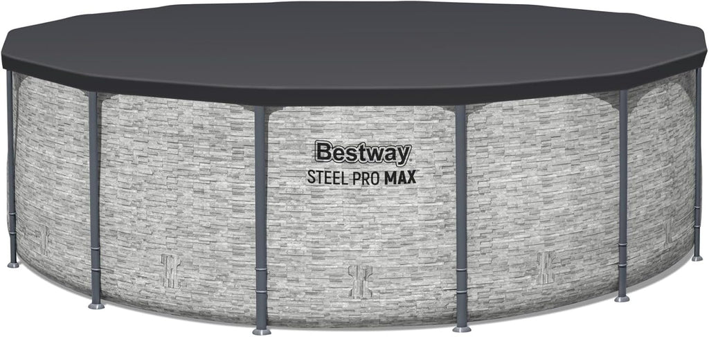 Steel Pro MAX 14 Foot x 48 Inch Round Steel Frame Above Ground Pool Set With 1,000 Filter Pump, Ladder And Cover - Gray