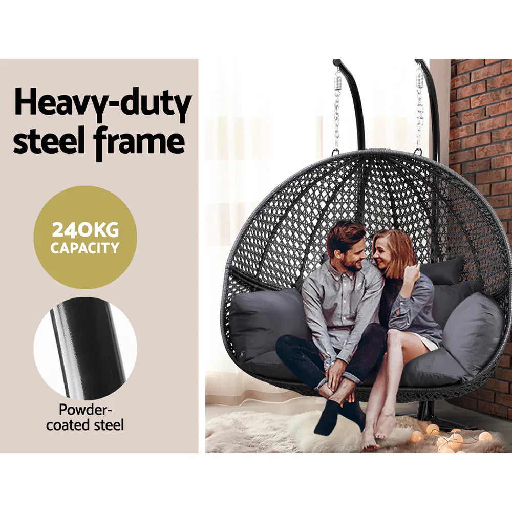 Gardeon Hanging Pod Chair With Stand And Cushion, 2 Seater, Grey